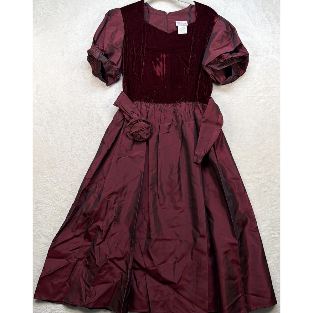 Vintage Lanz Burgundy Velvet Party Dress A-Line Short Sleeve USA Womens 8